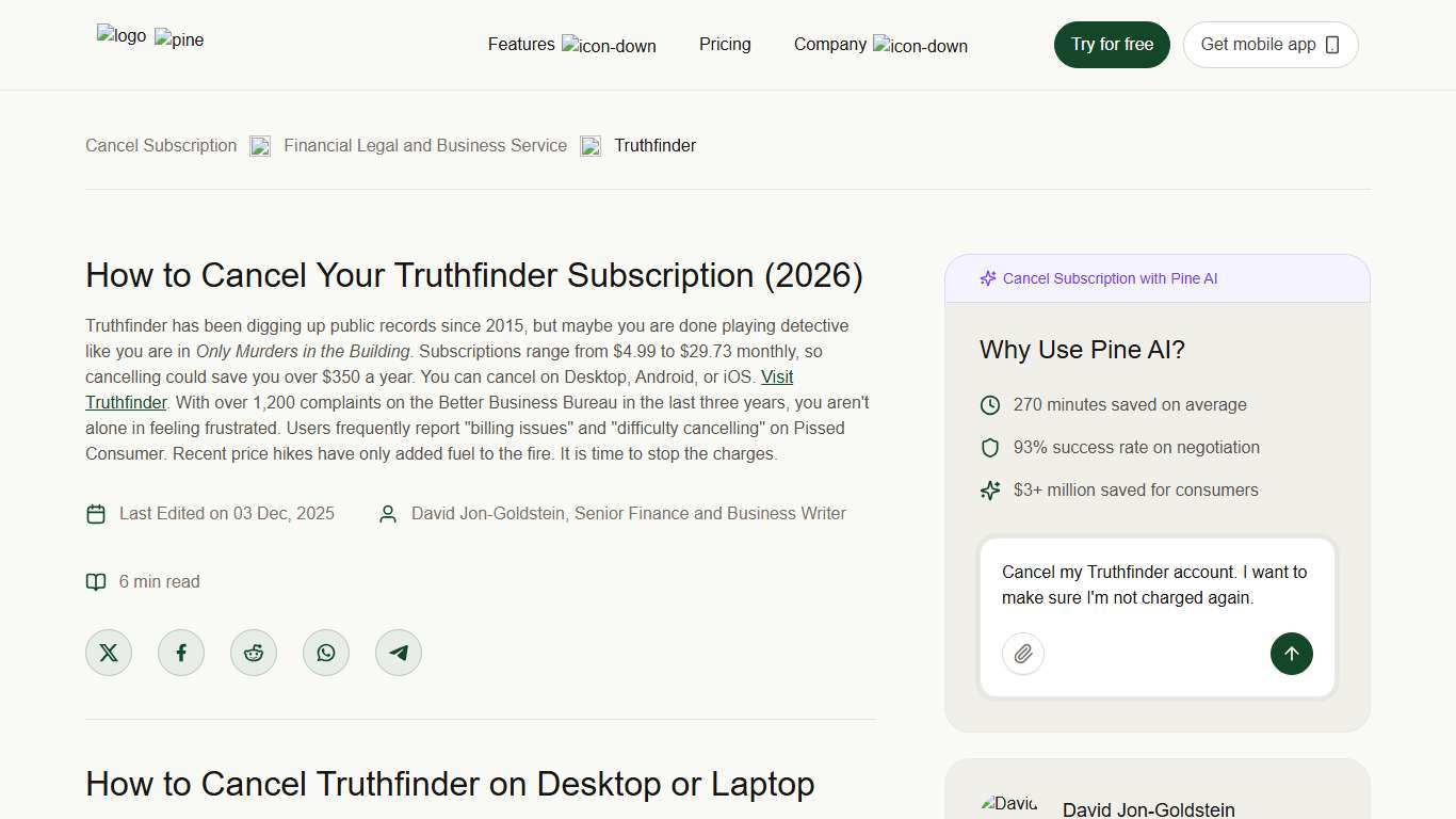 How to Cancel Your Truthfinder Subscription (2026) Pine AI
